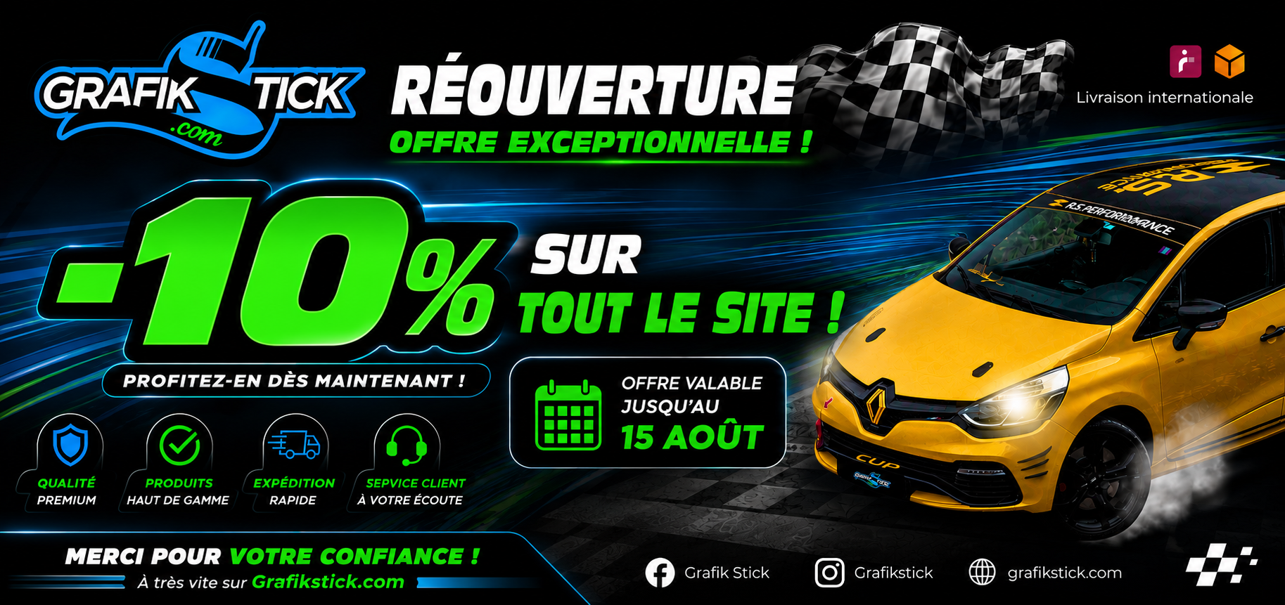 RÉOUVERTURE — OFFRE EXCEPTIONNELLE ! -10 % sur tout le site ! Profitez-en dès maintenant ! Offre valable jusqu'au 15 août